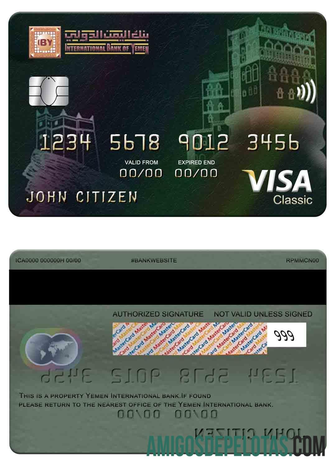 Cartão Visa Classic do Banco Internacional do Iêmen exemplo real